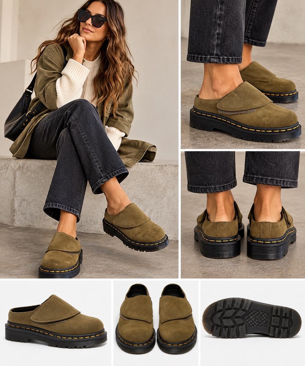 Dr. Martens SoftWair Olive Suede Velcro Shoes Chunky Lug Sole NWOT